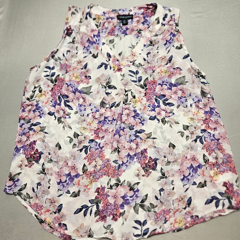 Cynthia Rowley Floral Sleeveless Blouse Womens Large Purple V-Neck Pleated Top